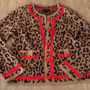 J. Crew Brown Leopard Knit Cardigan with Coral Trim